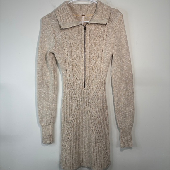 Free People Chunky Cable Knit Zipper Front Sweater Dress Beige XS Academia Boho - Picture 14 of 16